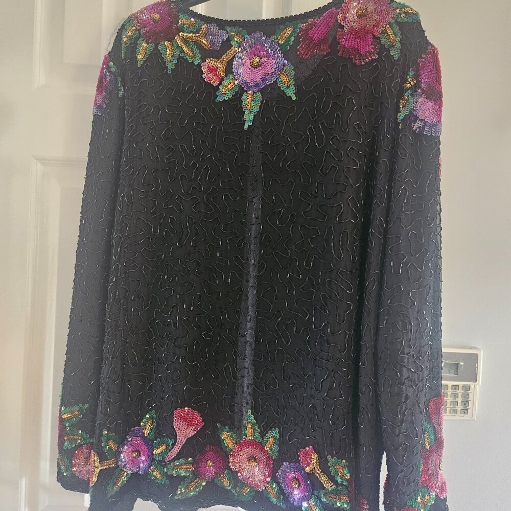 Laurence Kazar Vintage Silk All-Over Sequin Embellished Women Evening Jacket 1X - Picture 3 of 4